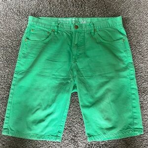LRG denim shorts, size 34 waist, 9” inseam, seafoam green